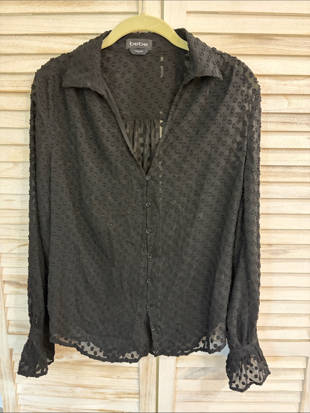 bebe Black Textured Swiss Dot Button-Down Blouse
